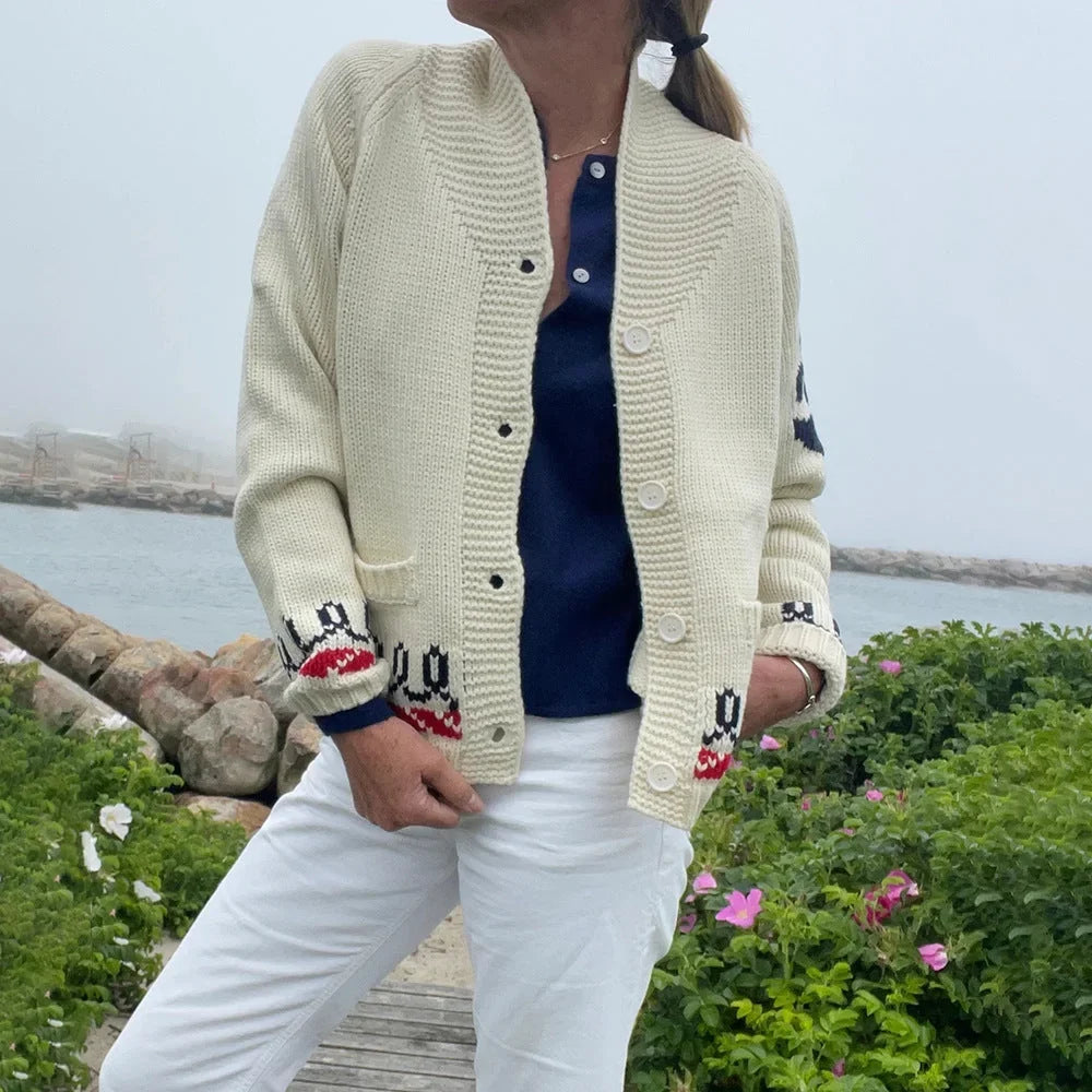 Aliénor | Cardigan Tricoté Motif Brodé Marin