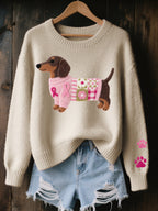 Pauline | Pull Motif Teckel Brodé Décontracté