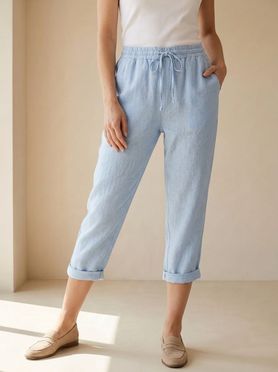 Lucienne | Pantalon Capri En Lin Avec Taille Élastique