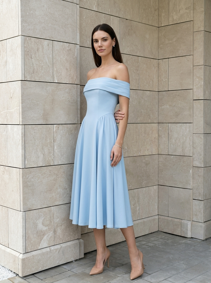 Élise | Robe Midi Évasée Épaules Dénudées