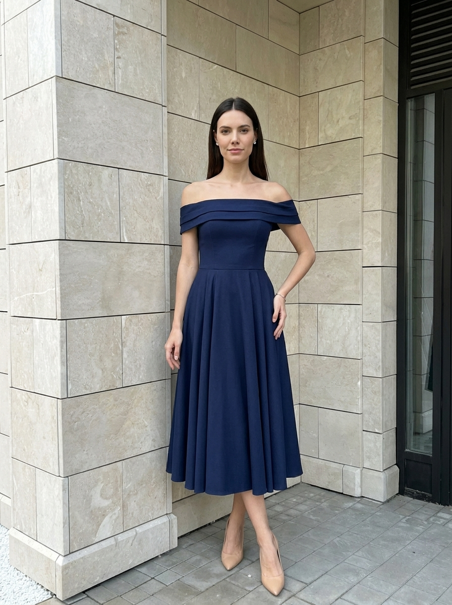 Élise | Robe Midi Évasée Épaules Dénudées