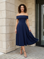 Élise | Robe Midi Évasée Épaules Dénudées