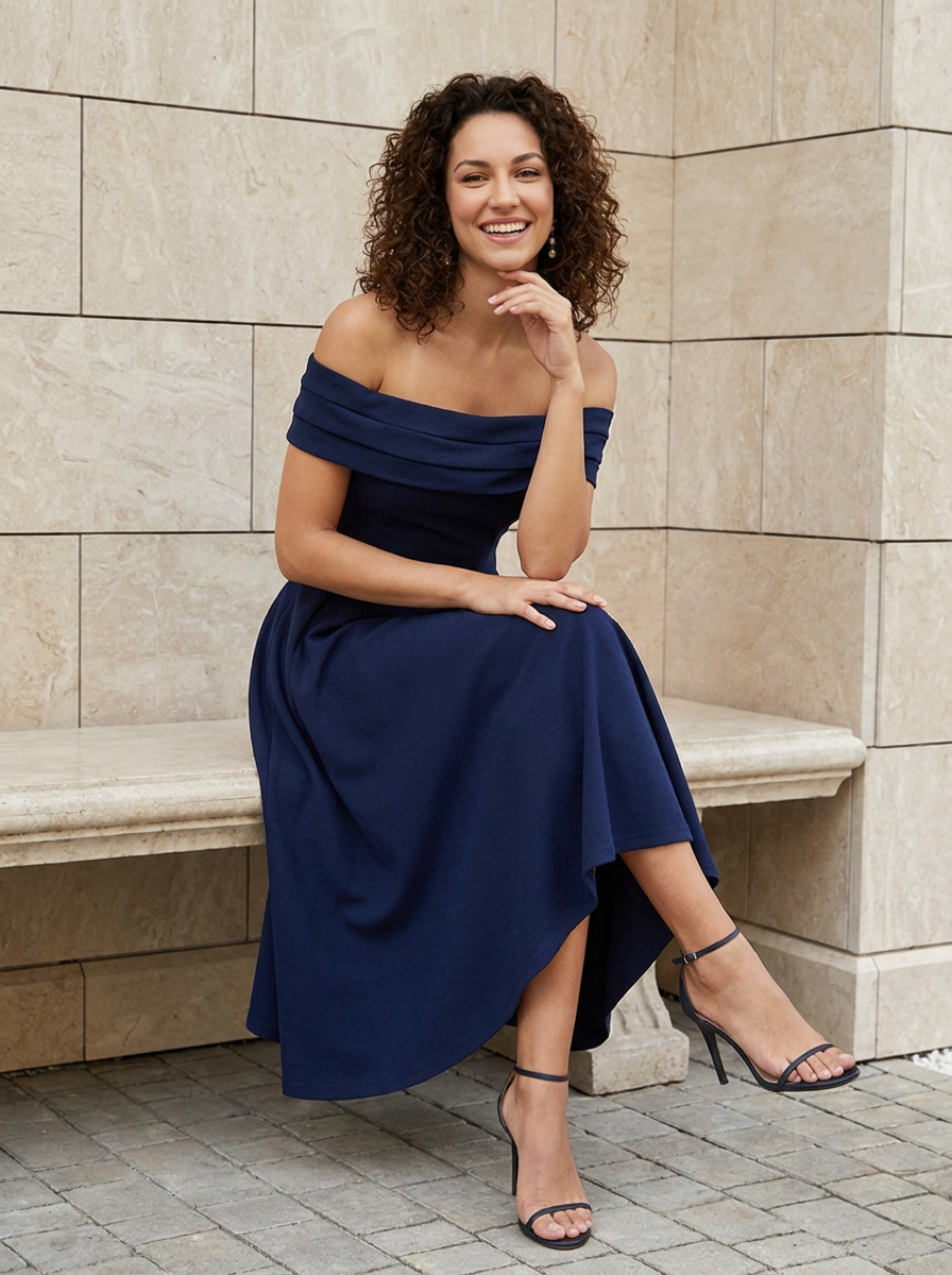 Élise | Robe Midi Évasée Épaules Dénudées