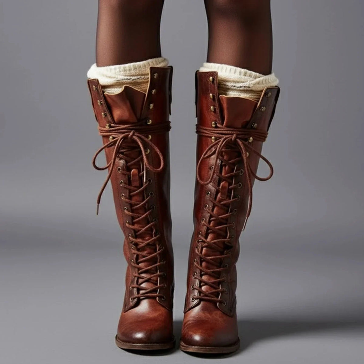 Héloïse | Bottes Hautes Lacets Cuir Talon Bloc