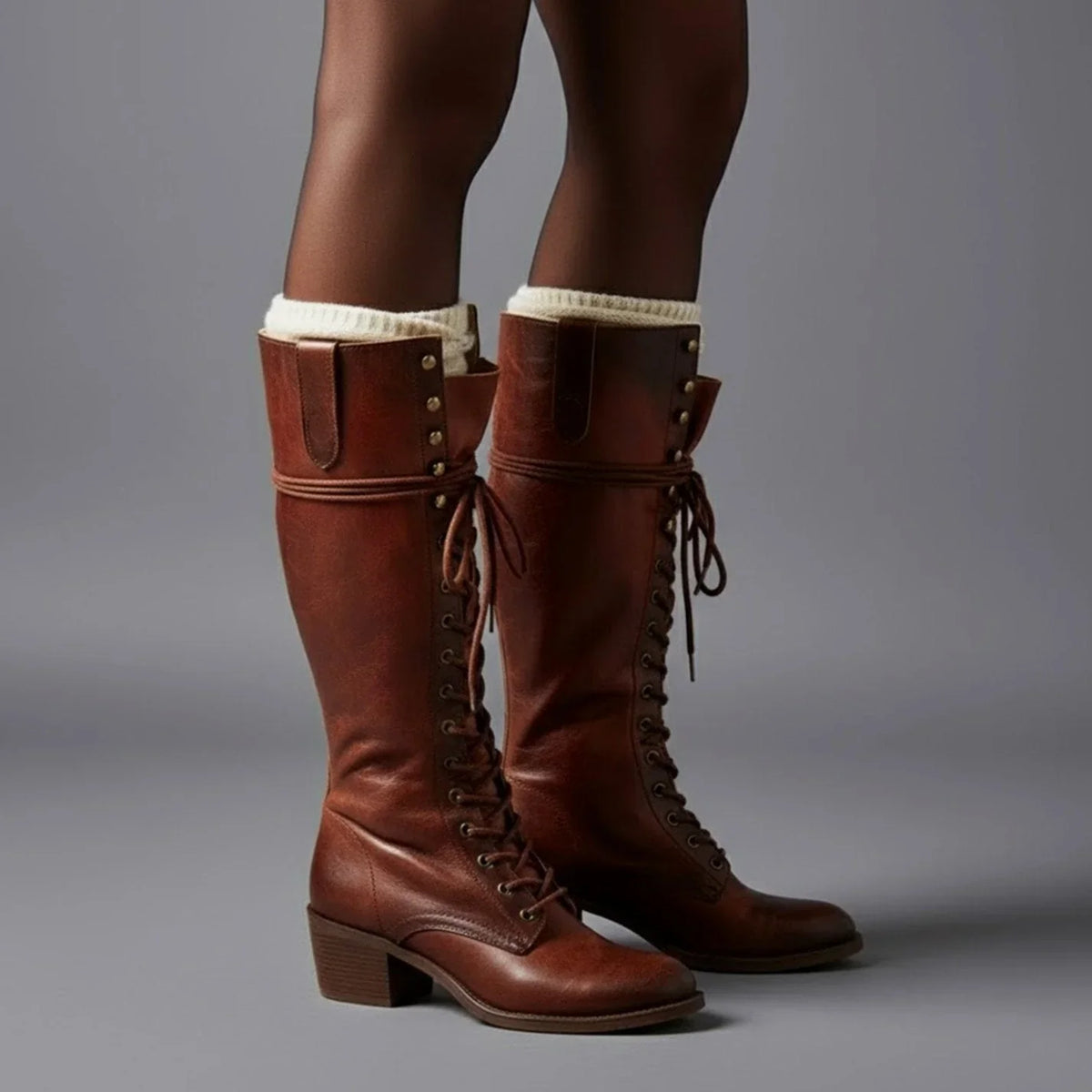 Héloïse | Bottes Hautes Lacets Cuir Talon Bloc