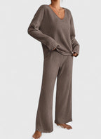 Élise | Ensemble Tricoté Côtelé Col V Pantalon Large