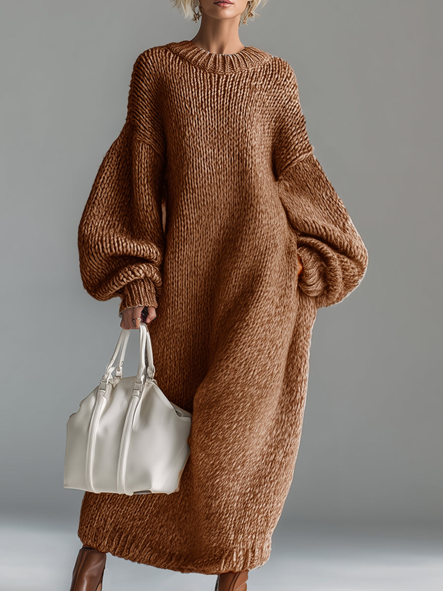 Margaux | Robe Maxi Laine Tricotée Col Rond Chiné