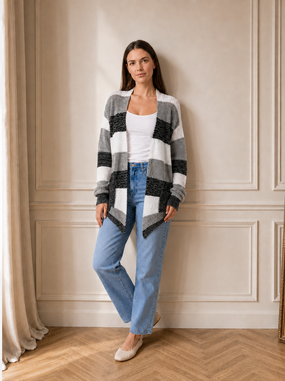 Maëlle | Cardigan Long Rayé En Maille