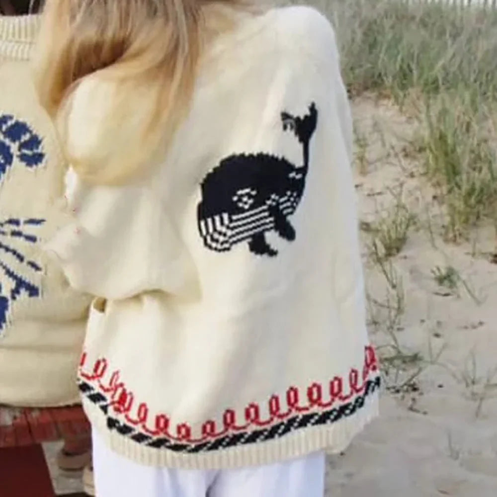 Aliénor | Cardigan Tricoté Motif Brodé Marin