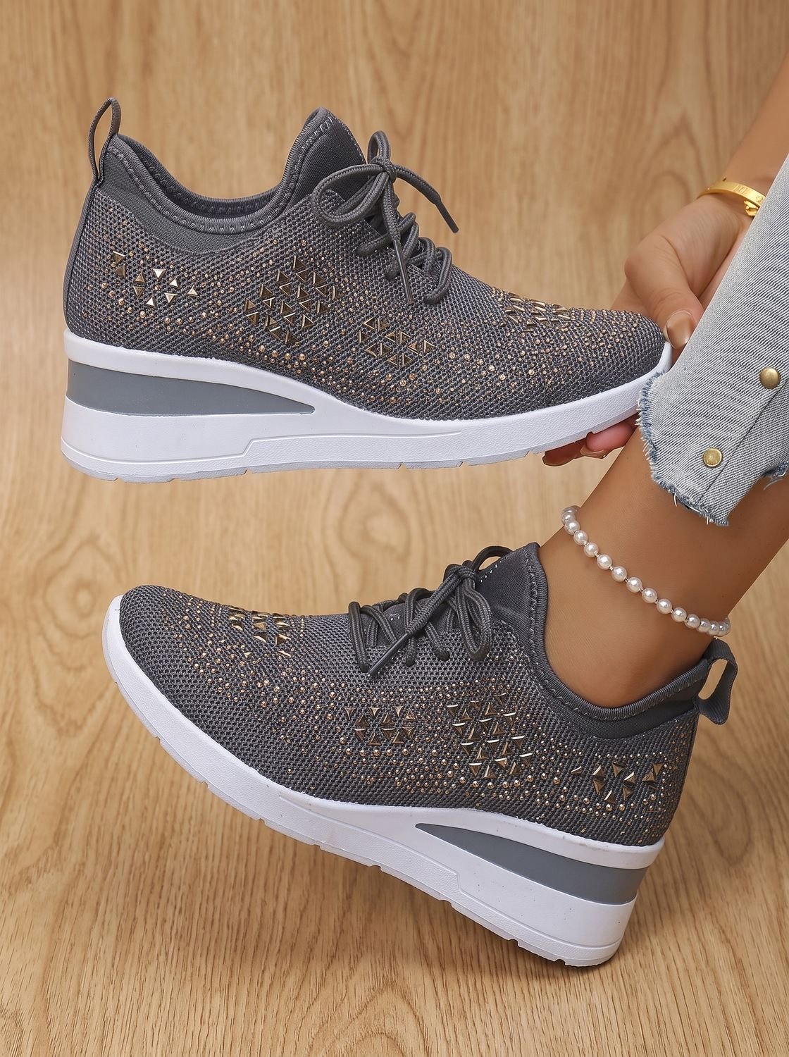 Noémie | Baskets Compensées Strass Respirantes