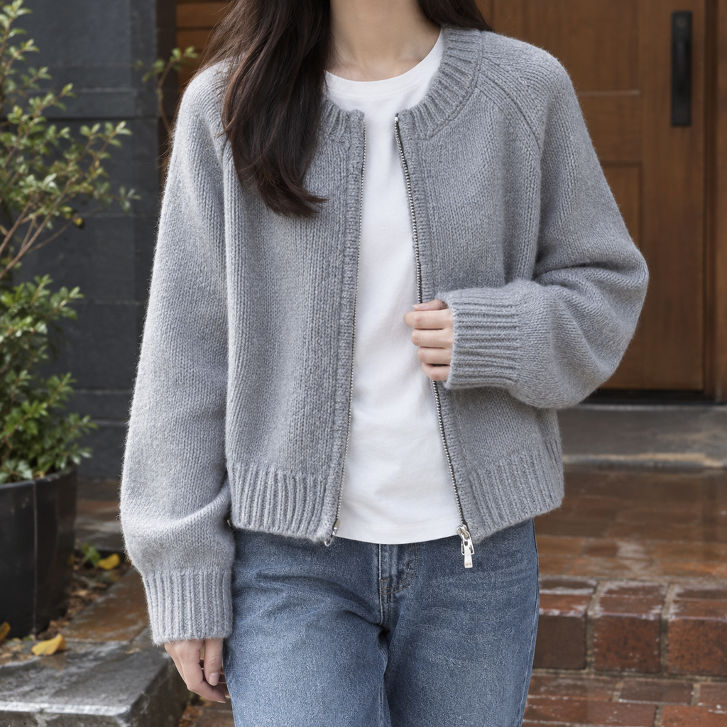 Inès | Cardigan Zippé Court en Maille Épaisse