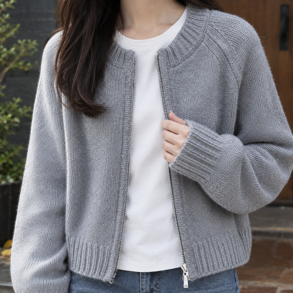 Inès | Cardigan Zippé Court en Maille Épaisse