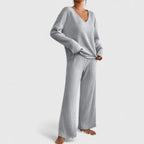 Élise | Ensemble Tricoté Côtelé Col V Pantalon Large