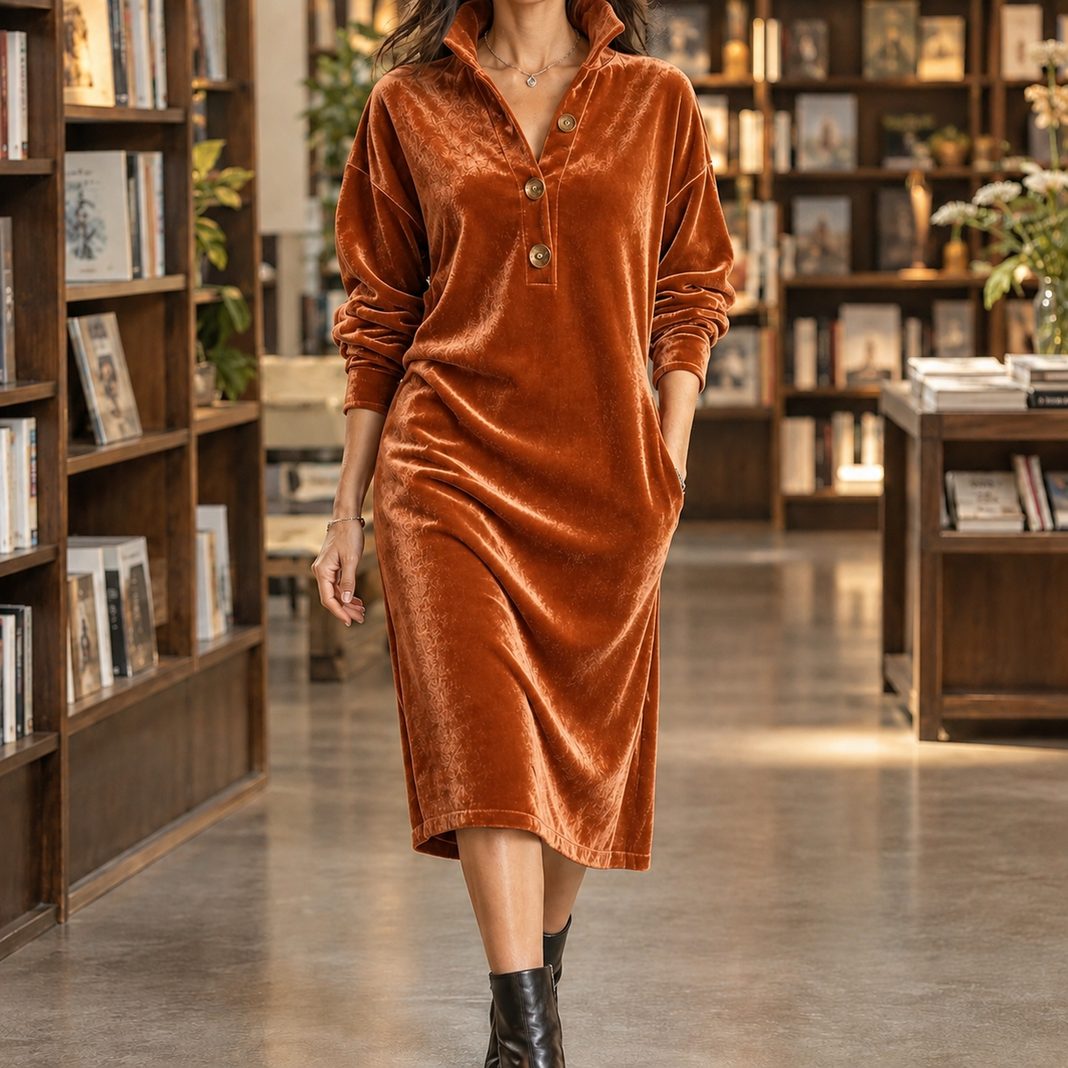 Héloïse | Robe Midi en Velours Col Montant