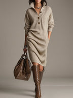 Éléonore | Robe Pull Côtelée Col Rabattu