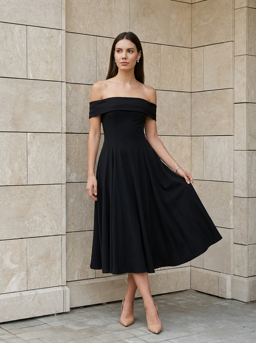 Élise | Robe Midi Évasée Épaules Dénudées