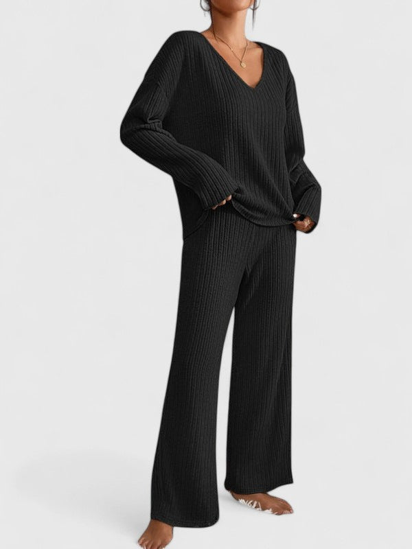 Élise | Ensemble Tricoté Côtelé Col V Pantalon Large