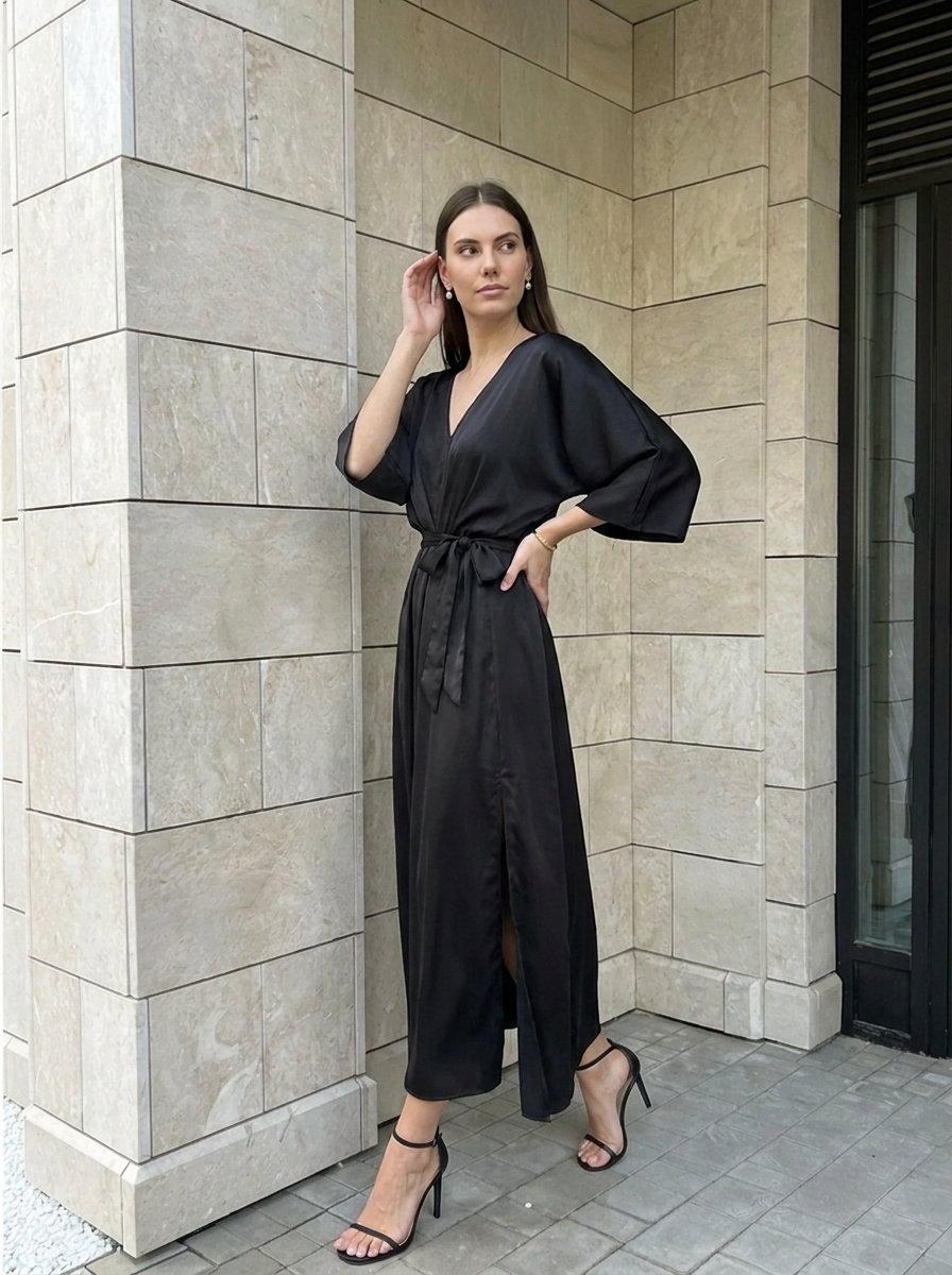 Amélie | Robe Maxi Fluide à Col V avec Ceinture Nouée