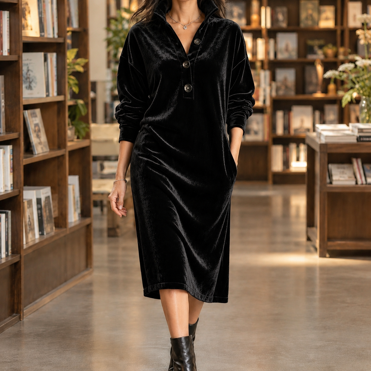 Héloïse | Robe Midi en Velours Col Montant