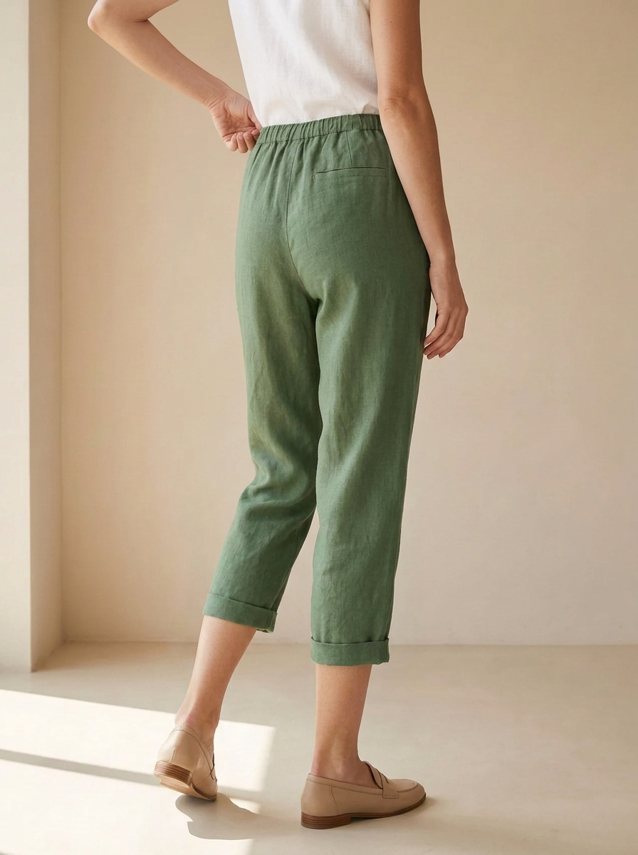 Lucienne | Pantalon Capri En Lin Avec Taille Élastique