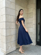 Élise | Robe Midi Évasée Épaules Dénudées