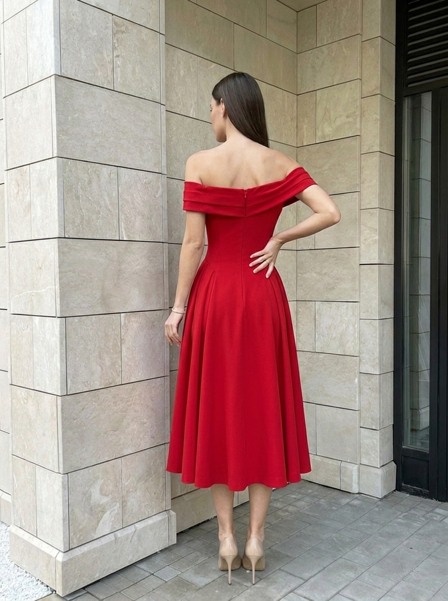 Élise | Robe Midi Évasée Épaules Dénudées