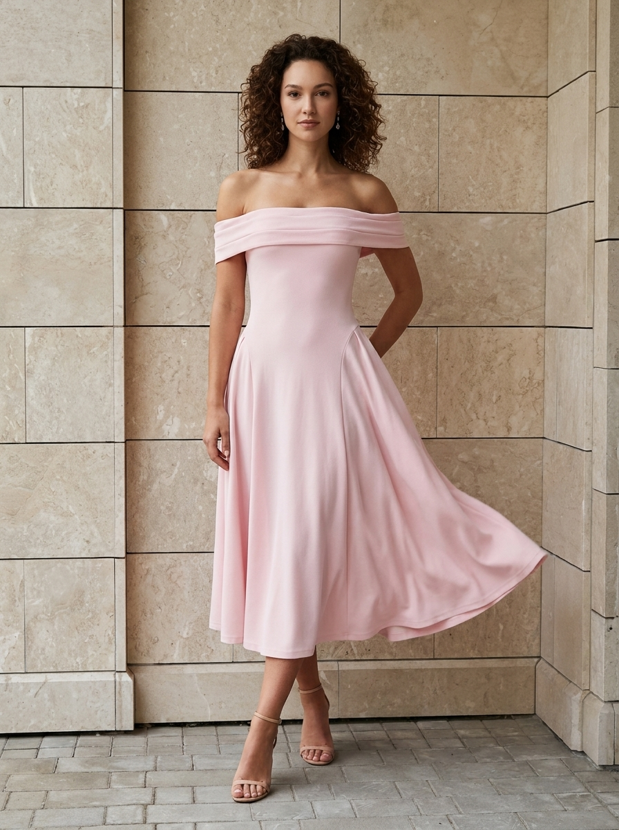 Élise | Robe Midi Évasée Épaules Dénudées