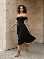 Élise | Robe Midi Évasée Épaules Dénudées