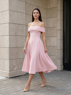 Élise | Robe Midi Évasée Épaules Dénudées