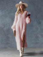Aurélia | Robe Midi Confortable Décontractée Raffinée Col V Boutons Métalliques Fausse Fourrure de Lapin Tricotée Fendue Blanche