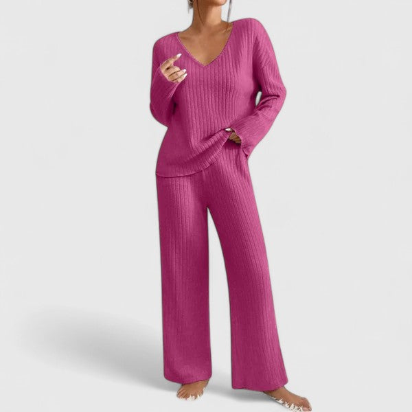 Élise | Ensemble Tricoté Côtelé Col V Pantalon Large