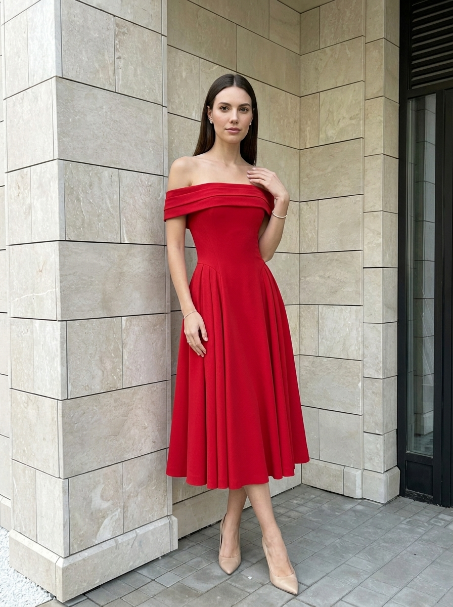 Élise | Robe Midi Évasée Épaules Dénudées