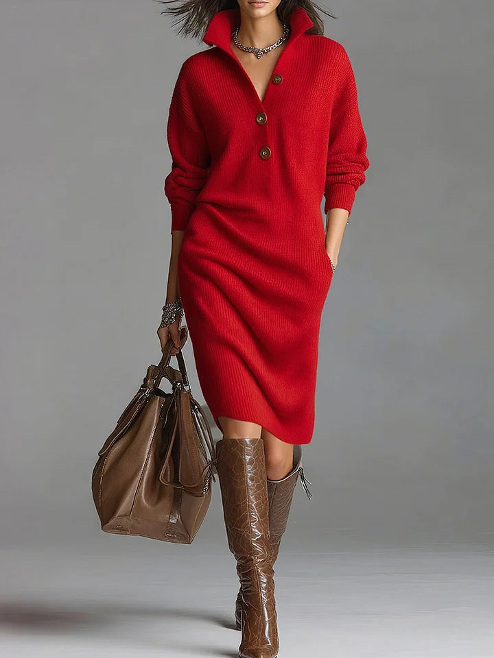 Éléonore | Robe Pull Côtelée Col Rabattu