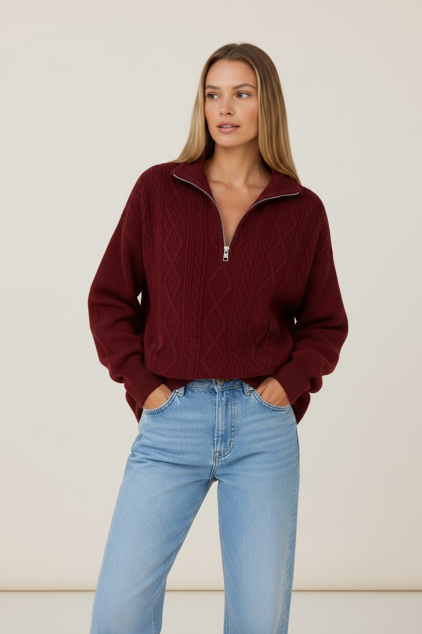 Sidonie | Pull Torsadé Col Camionneur Demi-Zip