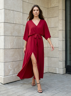 Amélie | Robe Maxi Fluide à Col V avec Ceinture Nouée
