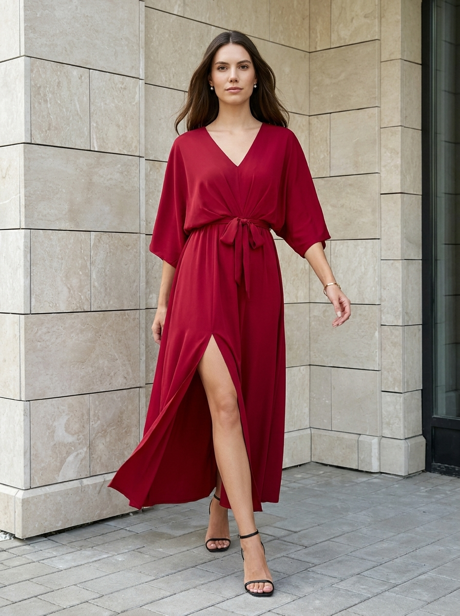 Amélie | Robe Maxi Fluide à Col V avec Ceinture Nouée
