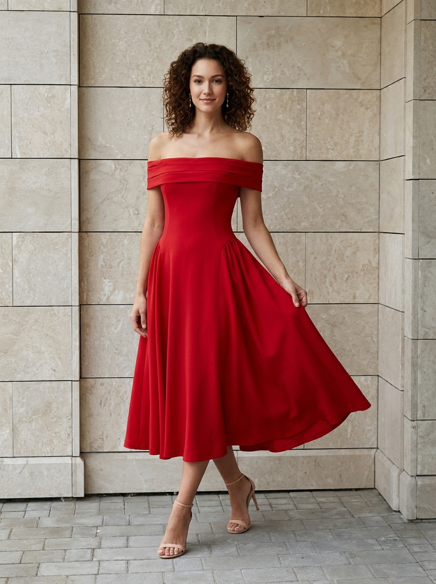 Élise | Robe Midi Évasée Épaules Dénudées