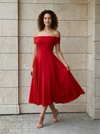 Élise | Robe Midi Évasée Épaules Dénudées