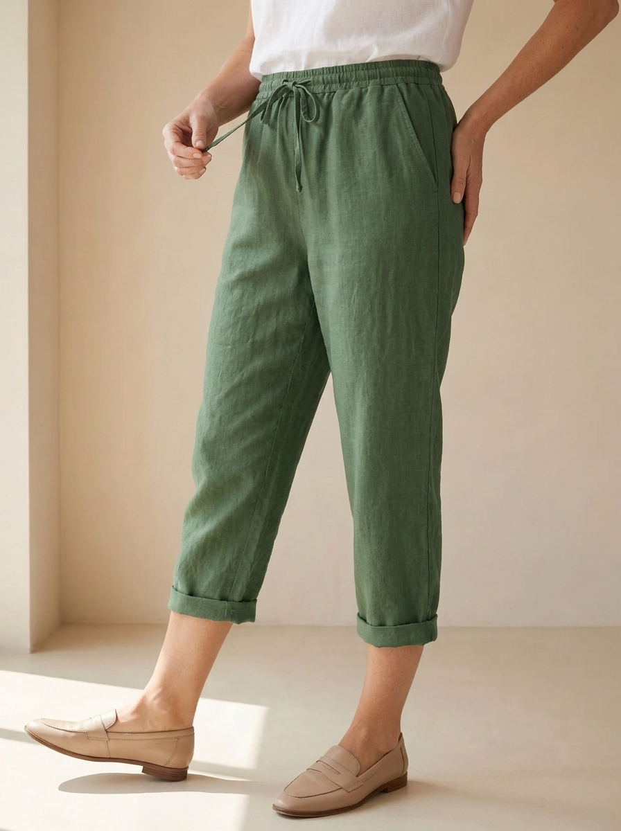 Lucienne | Pantalon Capri En Lin Avec Taille Élastique