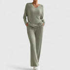 Élise | Ensemble Tricoté Côtelé Col V Pantalon Large