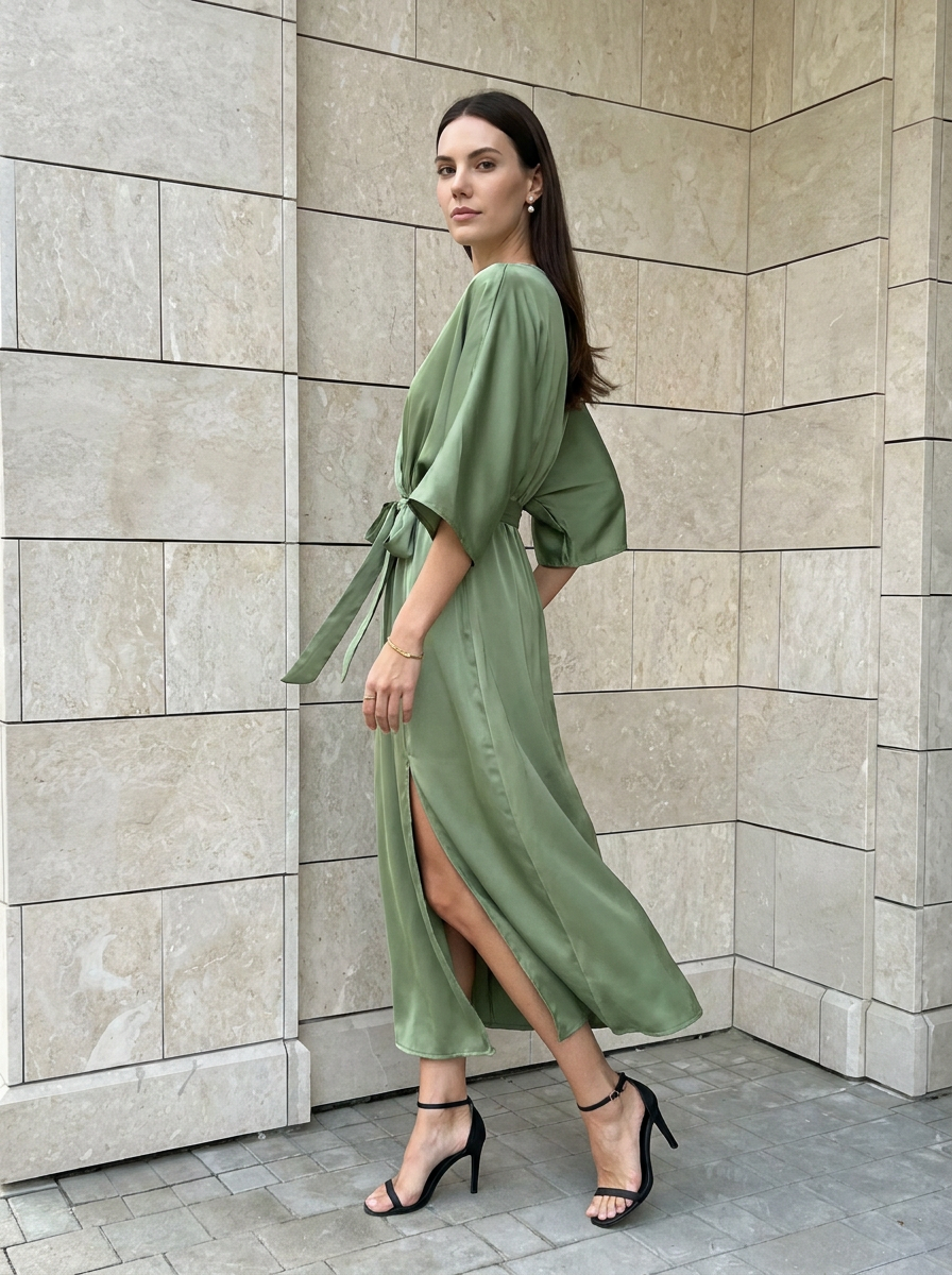 Amélie | Robe Maxi Fluide à Col V avec Ceinture Nouée