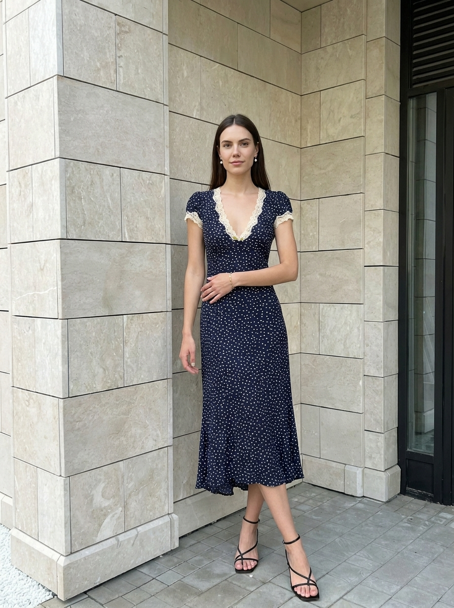 Élise | Robe Longue à Pois avec Col en Dentelle Élégant