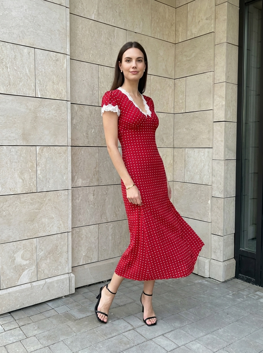 Élise | Robe Longue à Pois avec Col en Dentelle Élégant