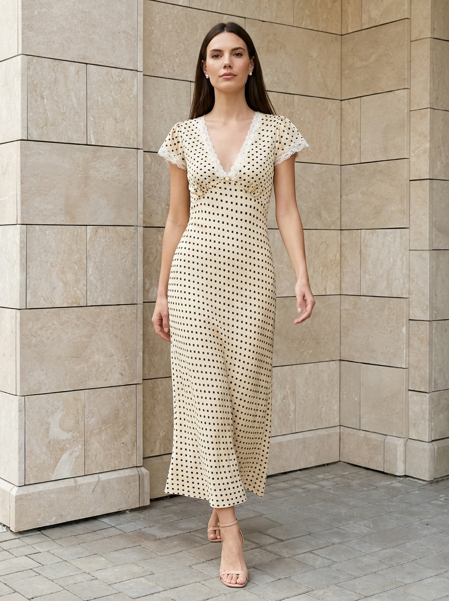 Élise | Robe Longue à Pois avec Col en Dentelle Élégant