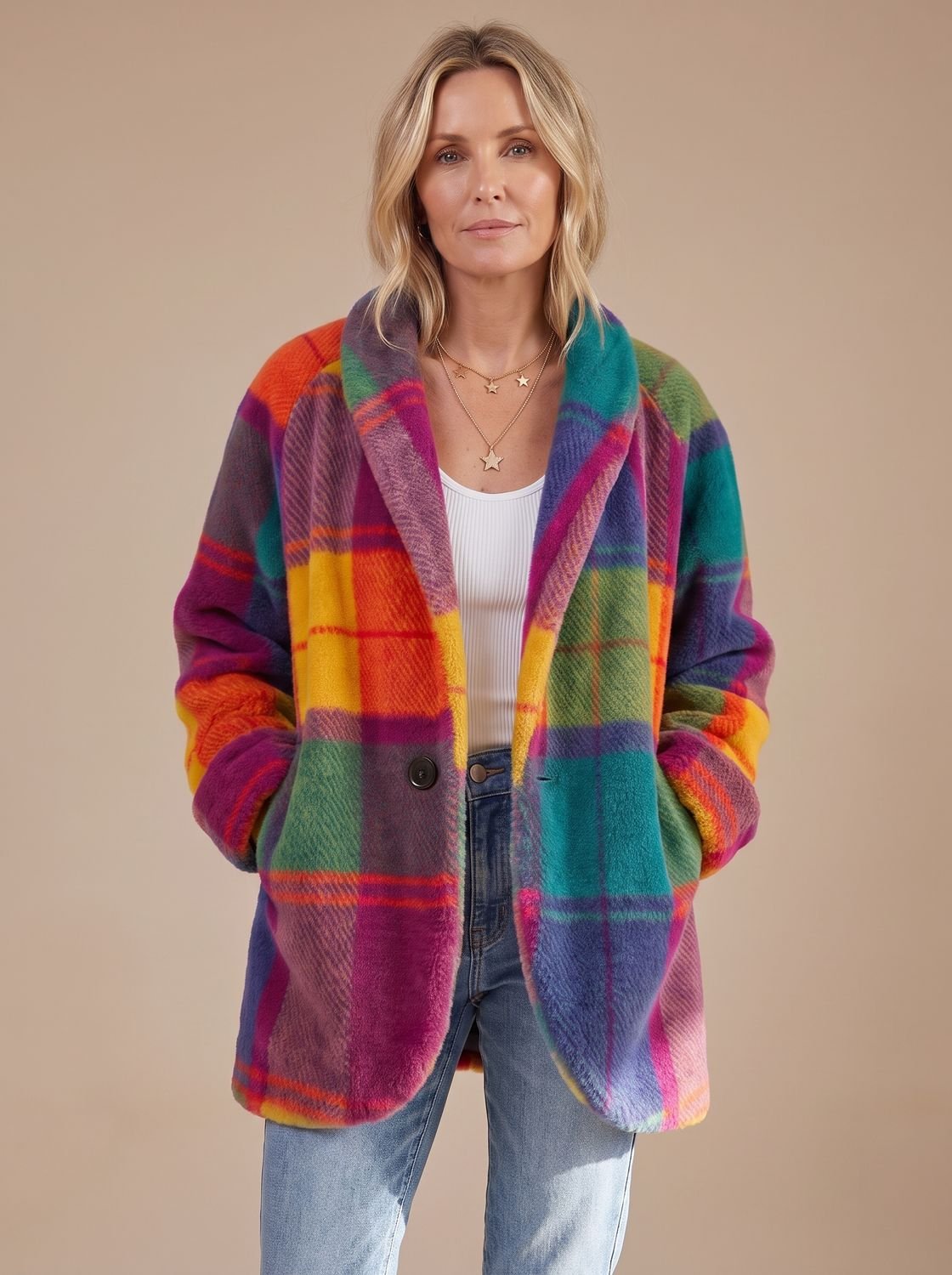 Simone | Manteau Carreaux Coloré Texture Polaire