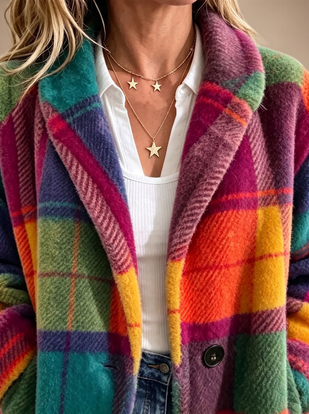 Simone | Manteau Carreaux Coloré Texture Polaire